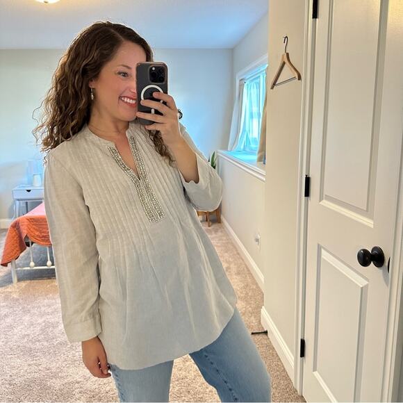 Chico’s Gray Linen Cotton Diamond Embellished Top Blouse 1 Medium - Picture 3 of 13